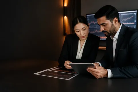 Two professional partners reviewing market documents and a tablet in a trading workspace