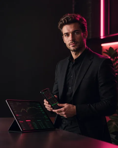 Professional partner reviewing a trading dashboard on a tablet and phone in a fuchsia and neon-green lit workspace