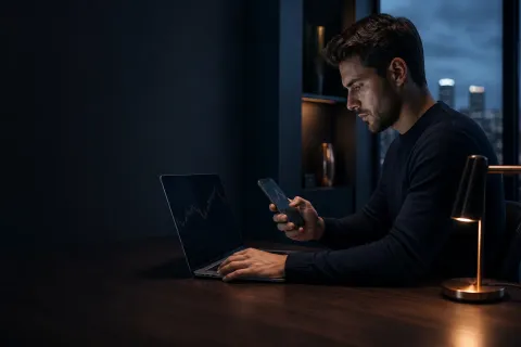 Trader using a laptop and mobile trading platform at a modern desk