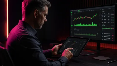 Professional analyst reviewing an economic calendar on a tablet in a fuchsia, coral and neon-green lit trading workspace
