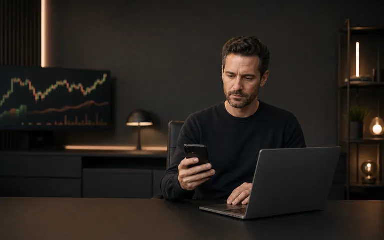 Professional trader using a laptop and smartphone in a dark charcoal trading workspace
