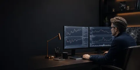 Experienced trader reviewing multiple market screens in a dark workspace
