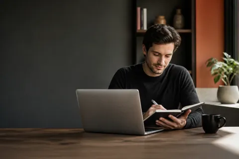 Trader reviewing a notebook beside a laptop in a warm neutral workspace