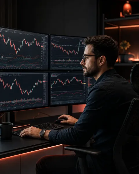 Professional trader working at a multi-monitor trading desk with market charts