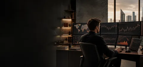 Trader reviewing global market screens in a dark editorial workspace