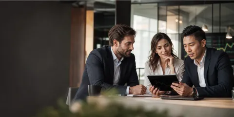 Business partners reviewing market information together