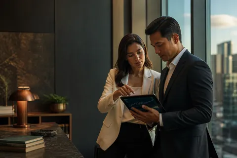 Two business partners reviewing market information on a tablet in a modern office