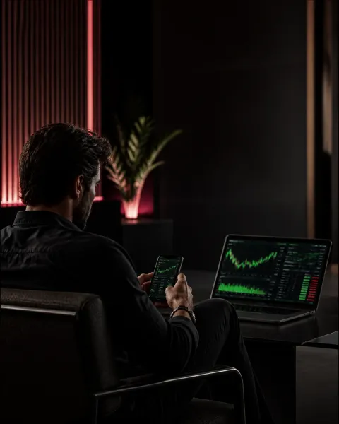 Professional partner using a phone and laptop with trading dashboards in a dark charcoal workspace with fuchsia, coral and neon-green lighting
