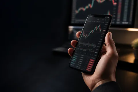 Trader reviewing a mobile platform beside market screens