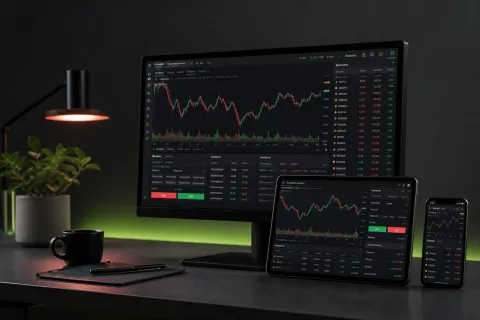 Trading platform shown across desktop, tablet and mobile devices